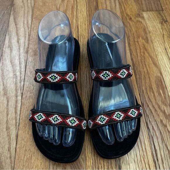 Minnetonka Beaded Leather Sandals Women’s Sz 7 Black/ Red/ White - Picture 3 of 8